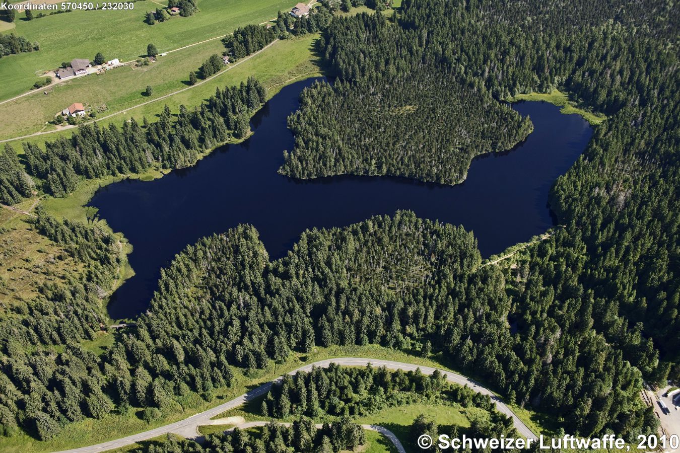 Freiberge, Etang de la Gruère, Position 2'570'366.35, 1'232'034.75 . Es handelt sich um einen gestauten Moorsee auf knapp 1000 Metern Höhe. Die untersten Torschichten des Hochmoors weisen ein Alter bis zu 15'000 Jahren auf. Das Naturschutzgebiet der Hochmoorzone umfasst etwa 1 qkm mit einzigartiger Vegetation mit Torfmoosen, Moos- und Moorbeeren, Heidebeersträuchern und Rosmarinheide.